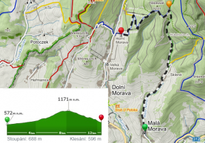 Trasa pro pěší túru, včetně výškového profilu z Malé Moravy na bobovou dráhu